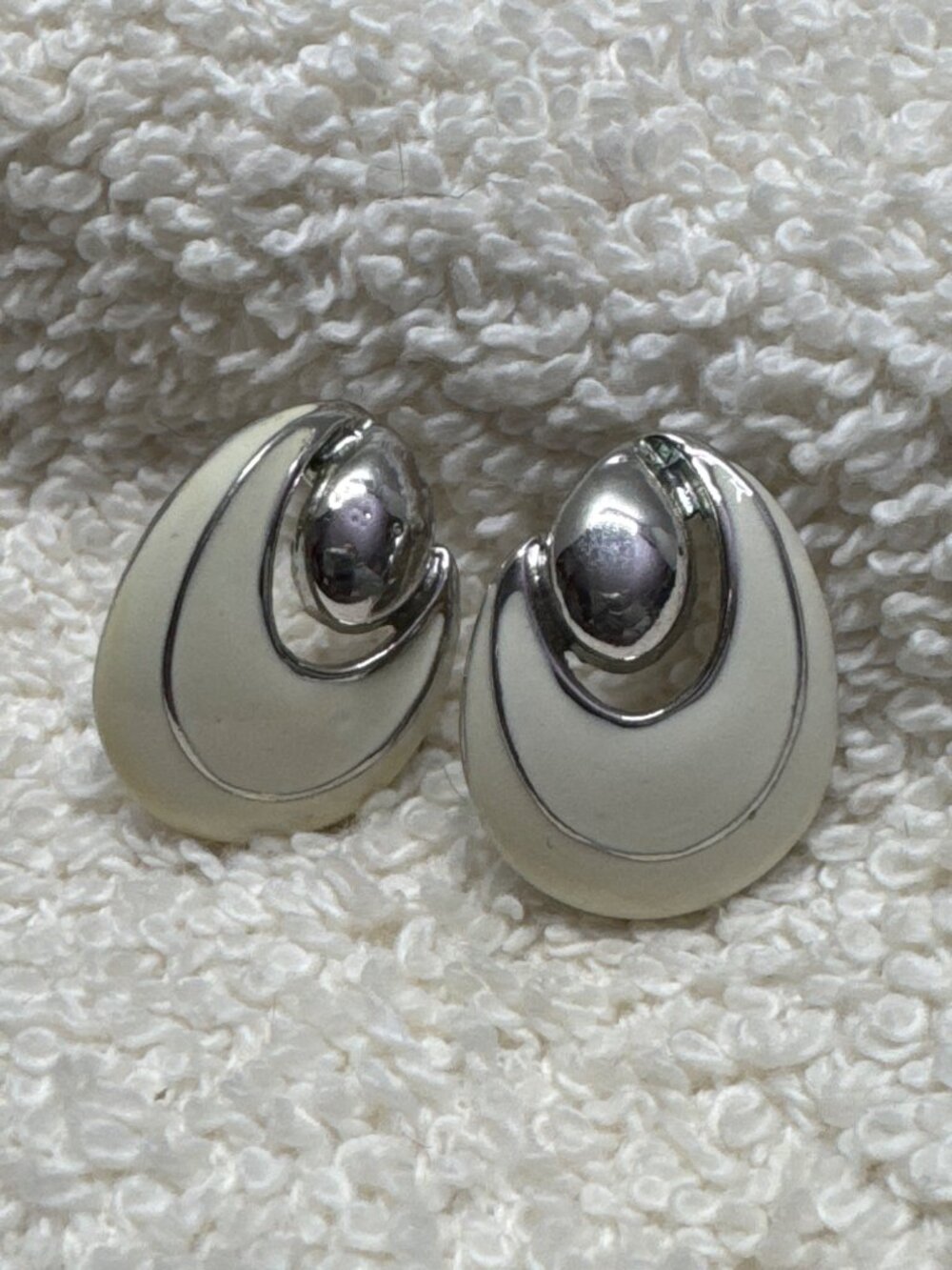 Silver-Tone & White Enamel Post Earrings By Dick & Co - Modernist Style Jewelry